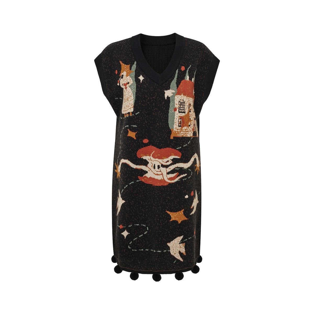 "Wishing Boat" Art Jacquard Pom-Pom Hem Tank Dress