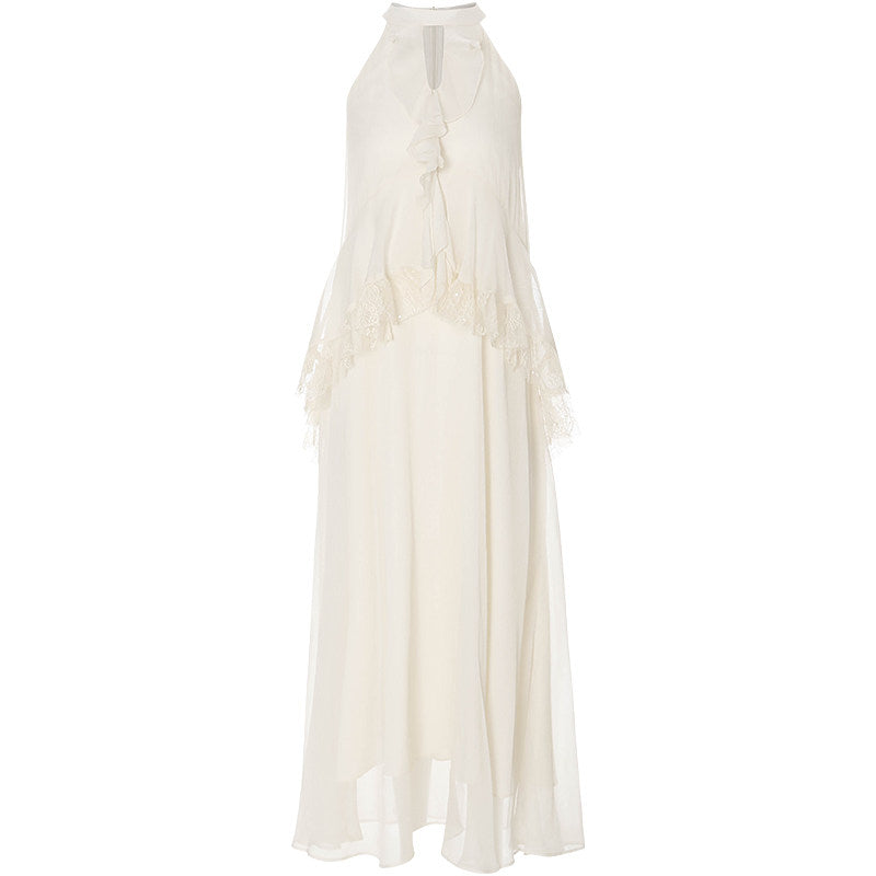 Aria French Vintage Ruffled Halterneck Maxi Dress