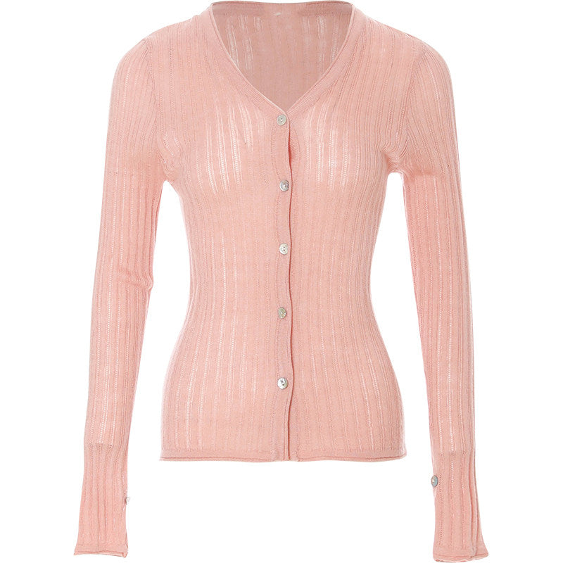 Aria French Vintage Ribbed V-Neck Knit Cardigan