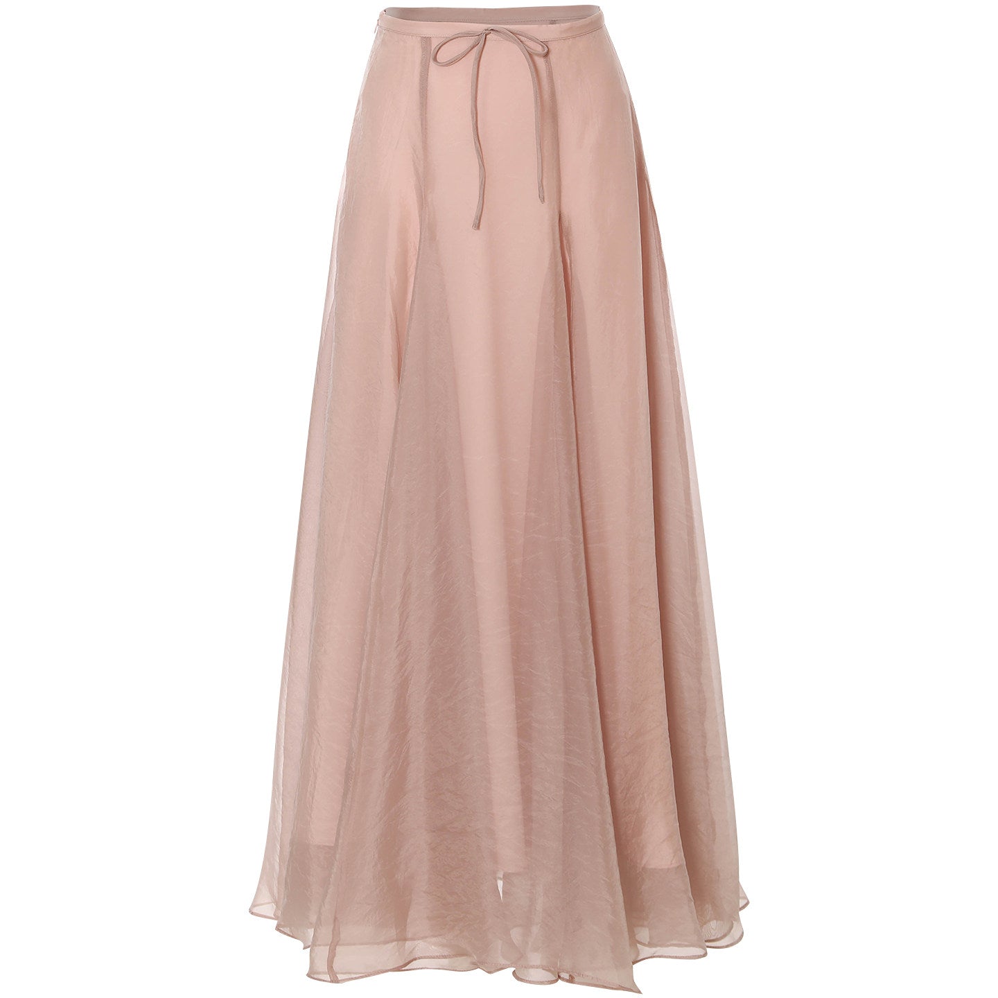 Long, light pink skirt with a drawstring waist on a white background