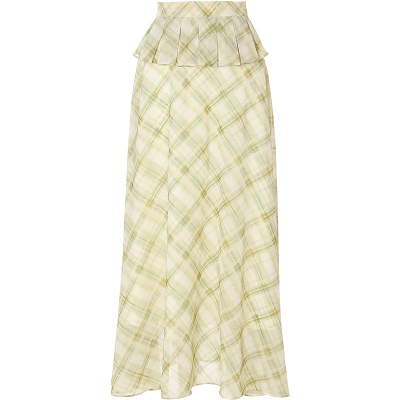 Seraphina French Vintage Plaid Chiffon Maxi Skirt