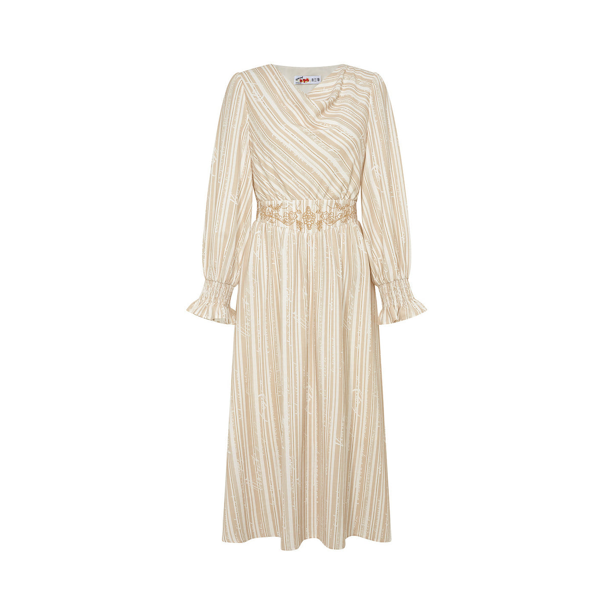 Van Gogh Letter Stripe Print Embroidered High-Waisted Dress