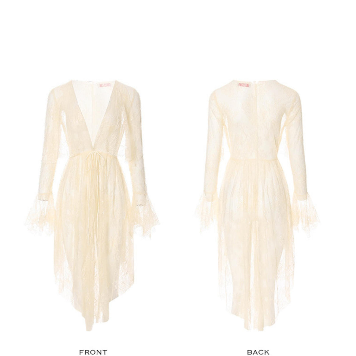A cream-colored sheer mesh dress shown from both the front and back views against a plain white background. The dress features a deep V-neckline, long sleeves with ruffled cuffs, a tie at the waist, and a layered tulle skirt.