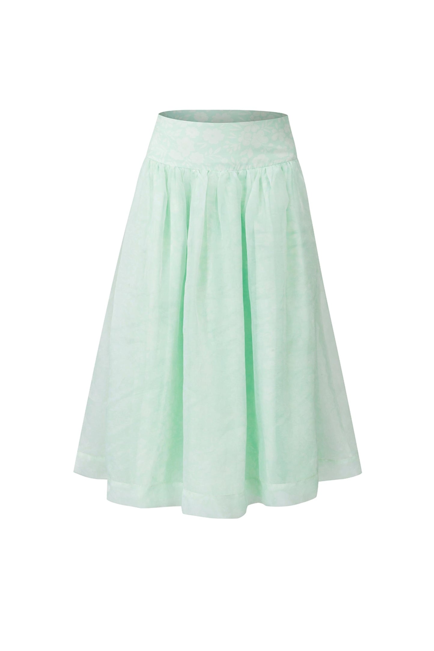 A light mint green pleated A-line skirt with a textured woven pattern, shown against a plain white background.