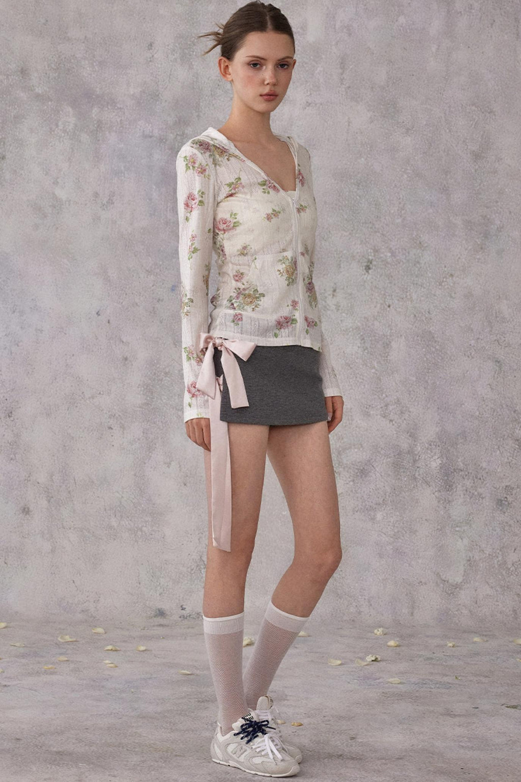 Floral Print Pointelle Knit Hooded Cardigan