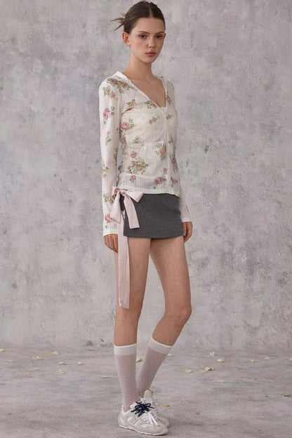 Floral Print Pointelle Knit Hooded Cardigan