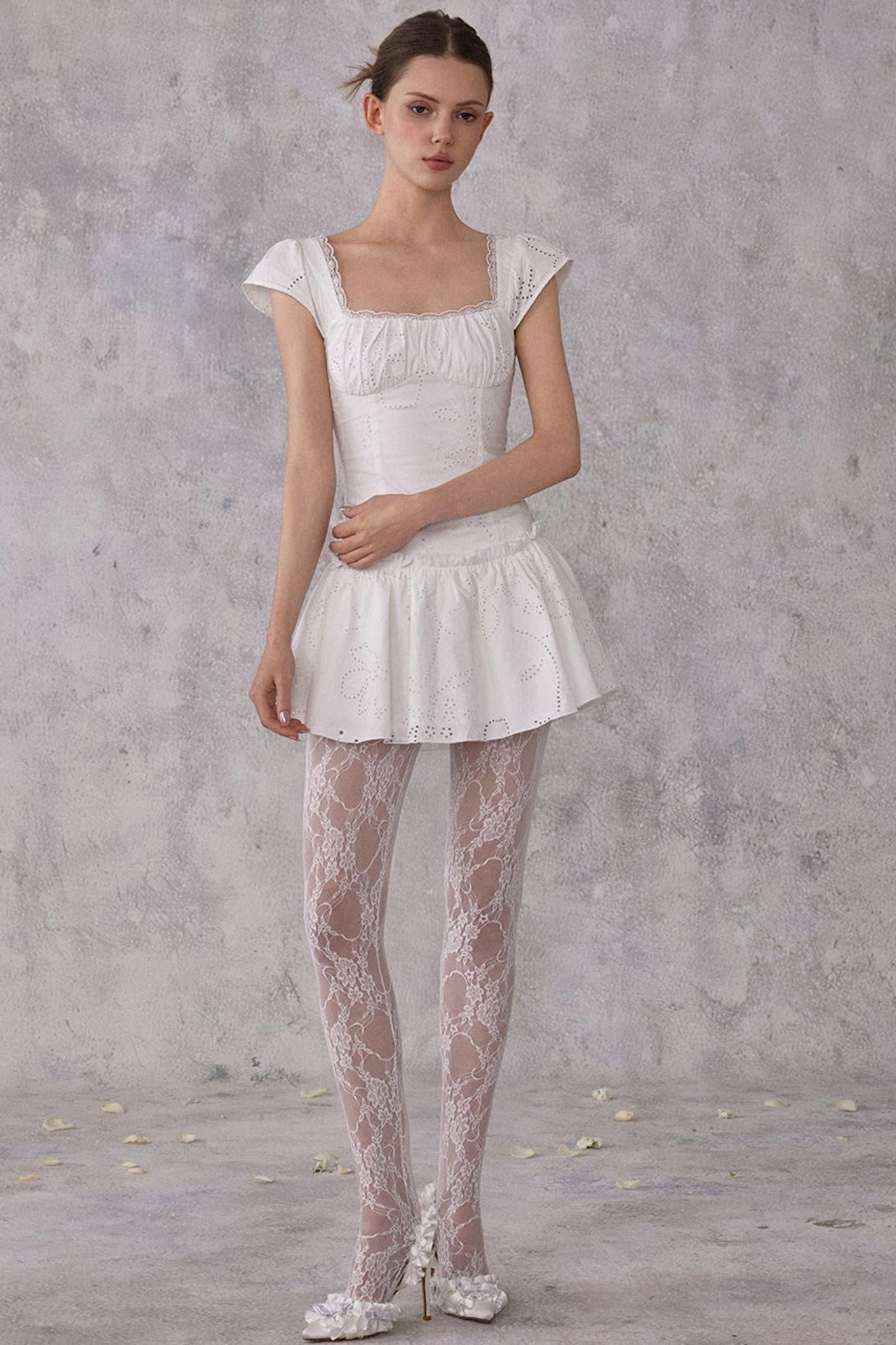 Romantic Eyelet Lace Pleated Mini White Dress