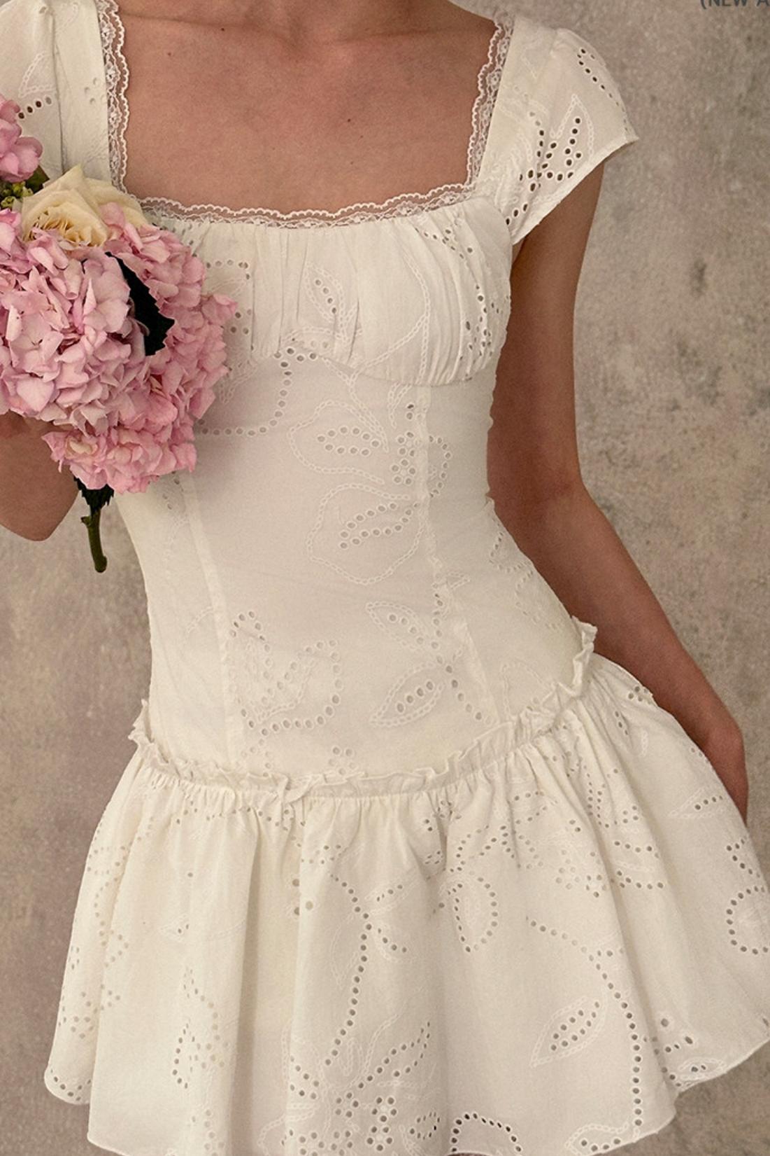 Romantic Eyelet Lace Pleated Mini White Dress