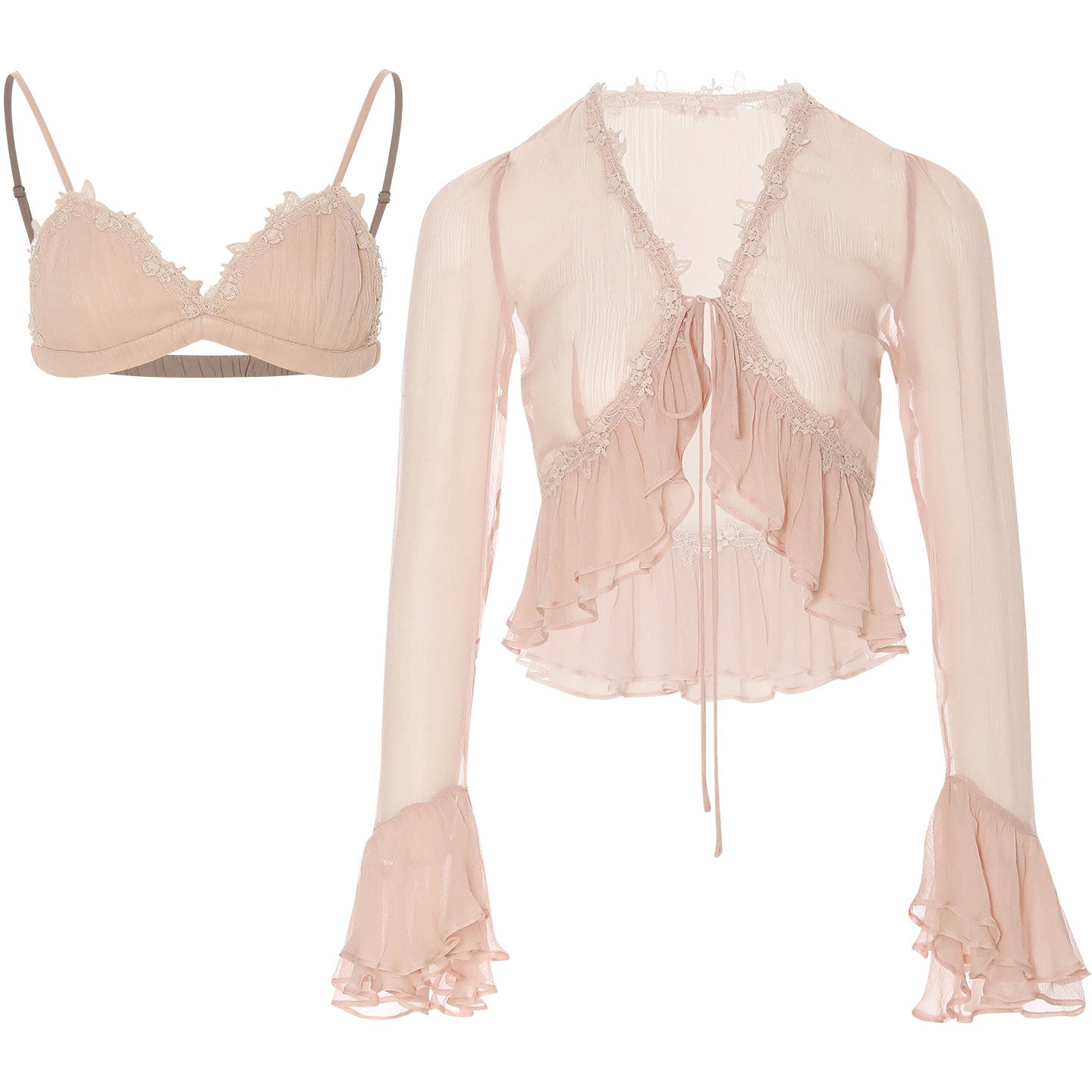 Light pink bralette and blouse set on a white background