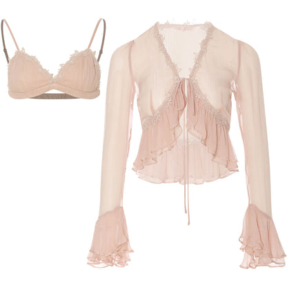 Light pink bralette and blouse set on a white background