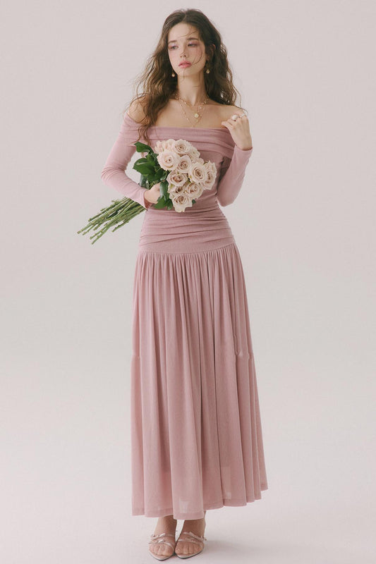 Rose Letters French Pink Off-Shoulder Long Dress