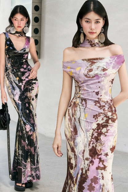 "Barcelona Nights" Printed Mesh Sling-Neck Mermaid Dress