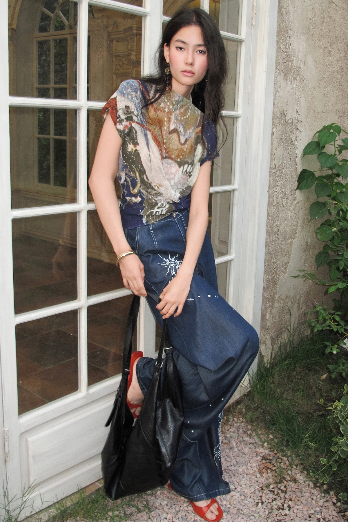 "Crane Guide" Mountain & Sea Print Pleated Stretch Top