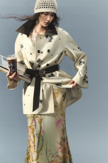 "Vintage Film" Beaded Embroidered Leather Patchwork Trench Coat