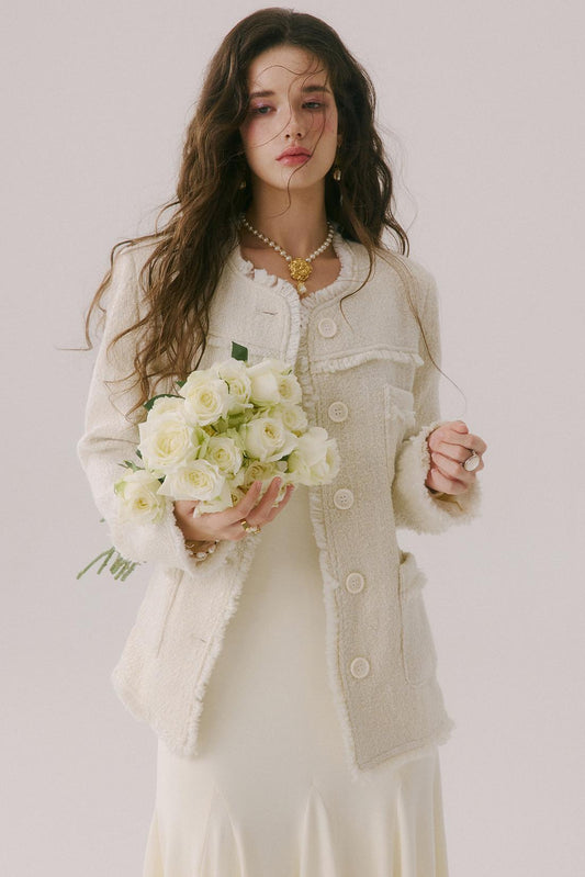 Swan Poem Wool French White Tweed Knit Jacket