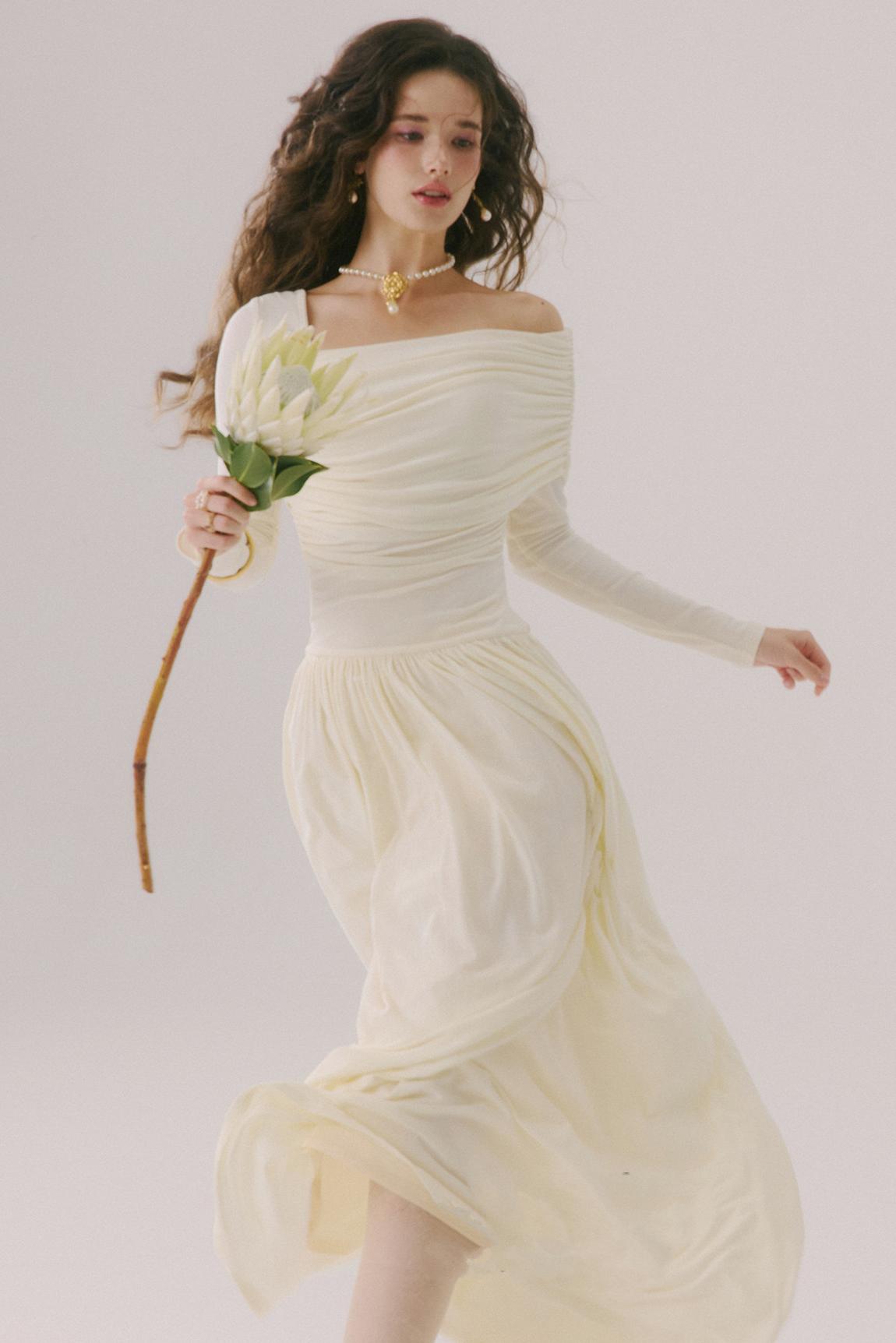 Flower Song Round Dance Lyocell Off-Shoulder Long Dress