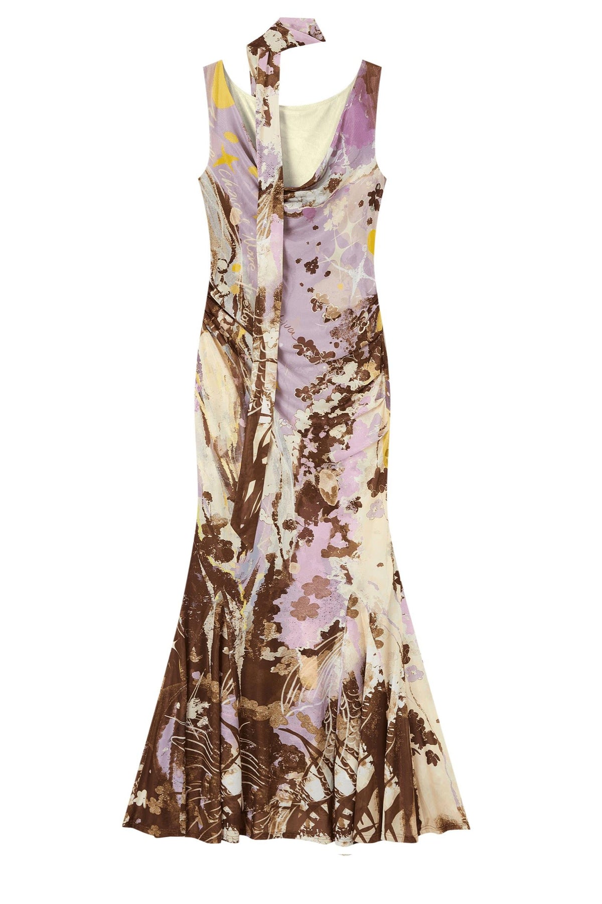 "Barcelona Nights" Printed Mesh Sling-Neck Mermaid Dress
