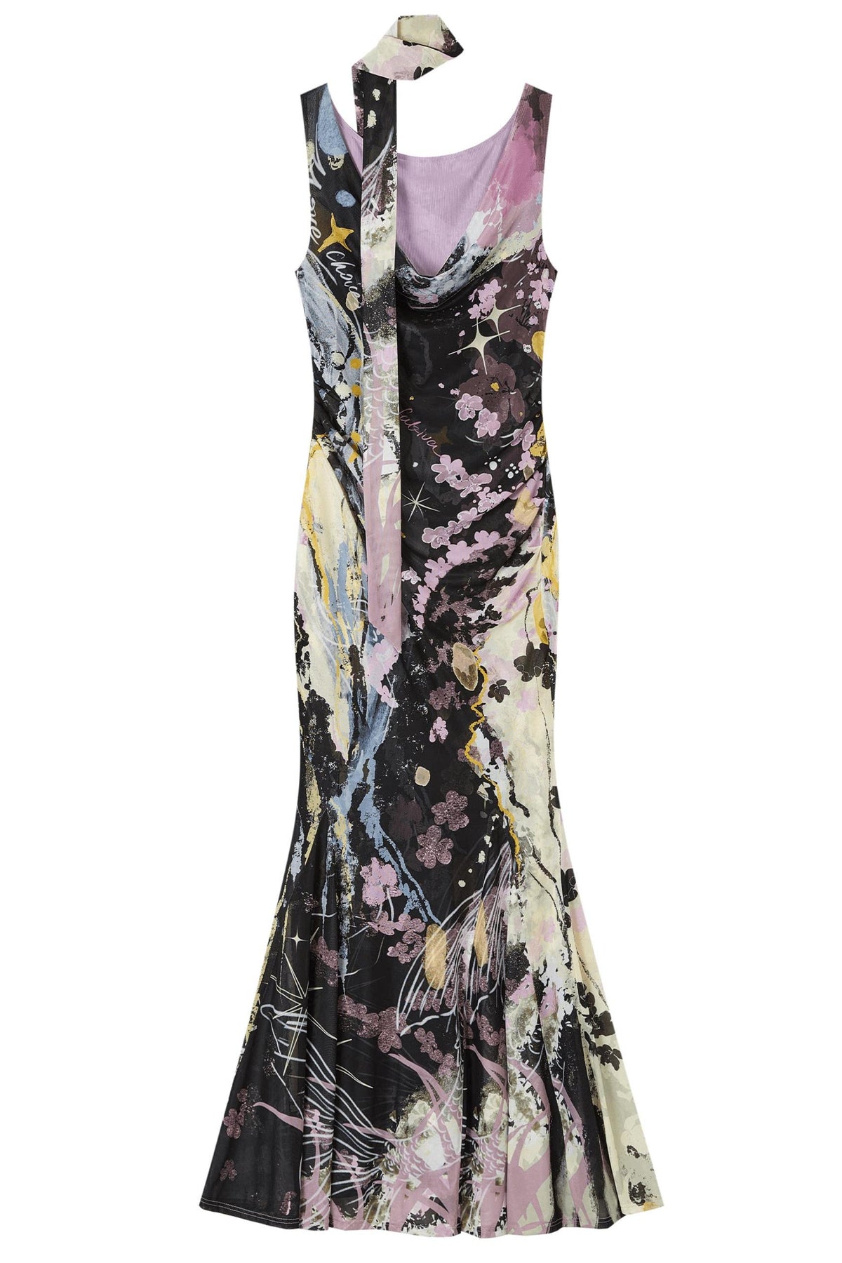 "Barcelona Nights" Printed Mesh Sling-Neck Mermaid Dress