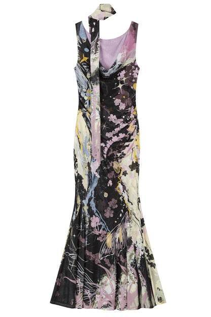 "Barcelona Nights" Printed Mesh Sling-Neck Mermaid Dress
