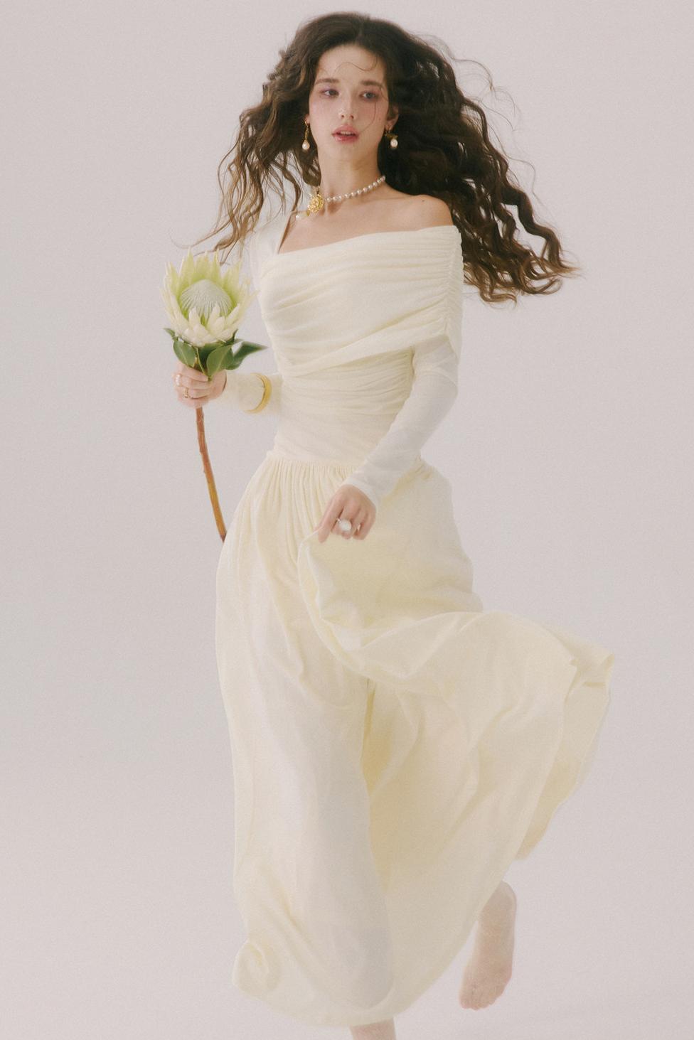 Flower Song Round Dance Lyocell Off-Shoulder Long Dress