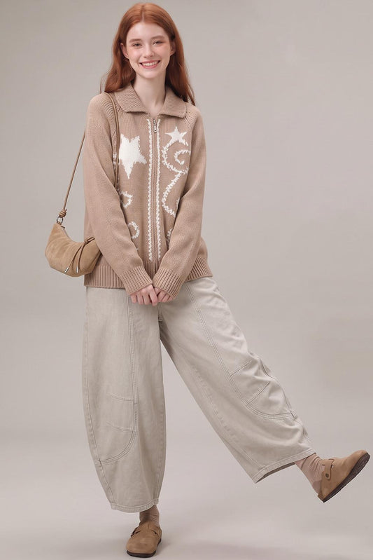 Vintage Lapel Zip-Up Jacquard Knit Sweater
