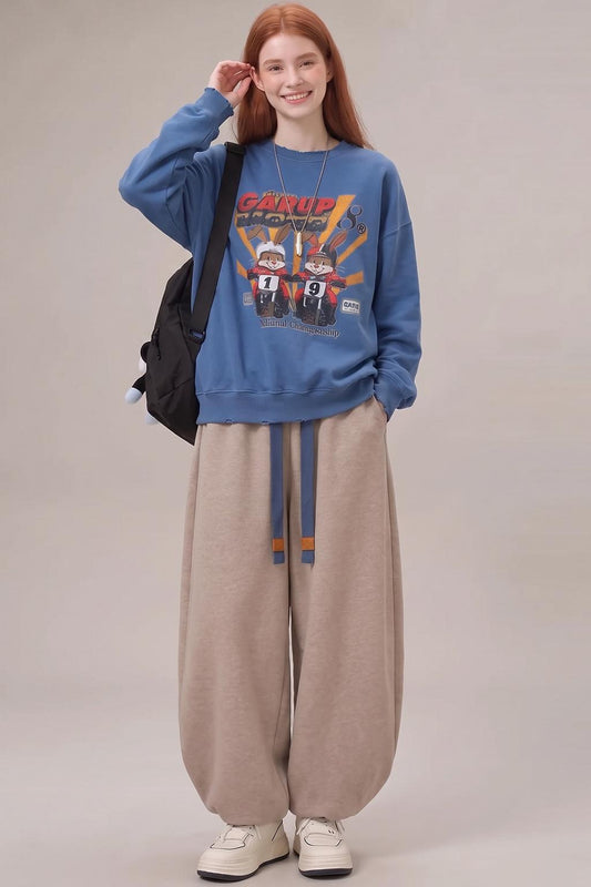 Blue Cartoon Sweatshirt & Lantern Pants Set