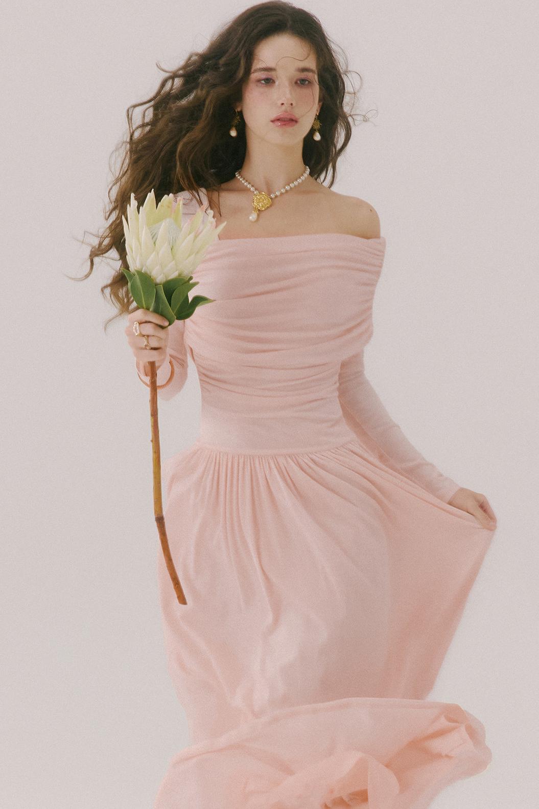 Flower Song Round Dance Lyocell Off-Shoulder Long Dress