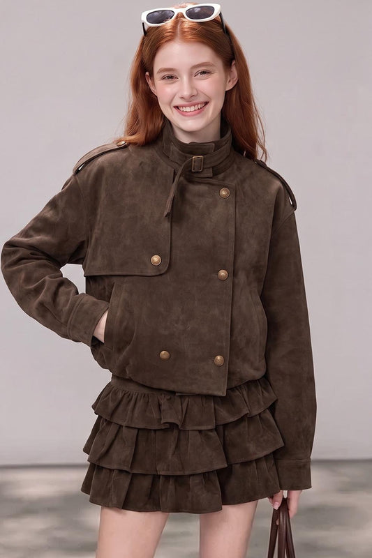 Vintage Suede Work Jacket & Ruffled Skirt Set