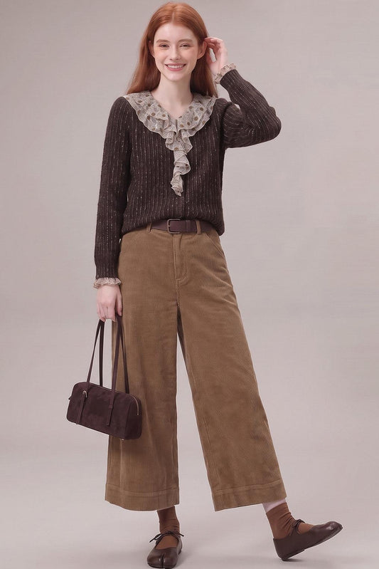 Floral Ruffled Knit Top & Corduroy Wide-Leg Pants Set