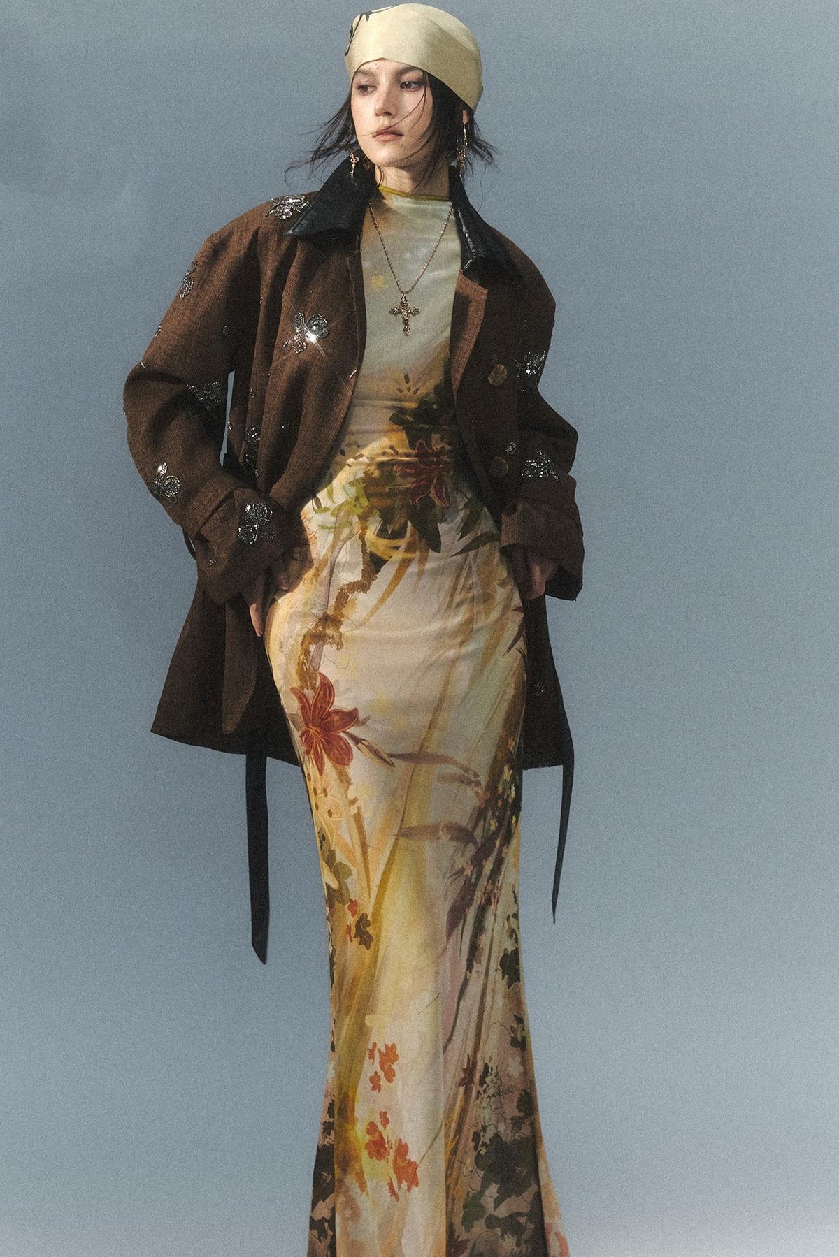 "Vintage Film" Beaded Embroidered Leather Patchwork Trench Coat