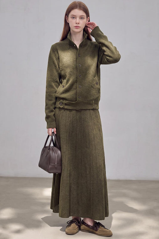 Olive Green Turtleneck Cardigan & Midi Skirt Set