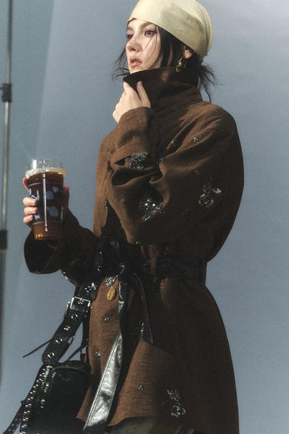 "Vintage Film" Beaded Embroidered Leather Patchwork Trench Coat