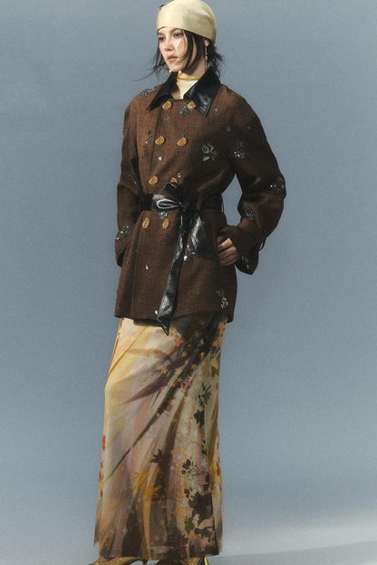 "Vintage Film" Beaded Embroidered Leather Patchwork Trench Coat