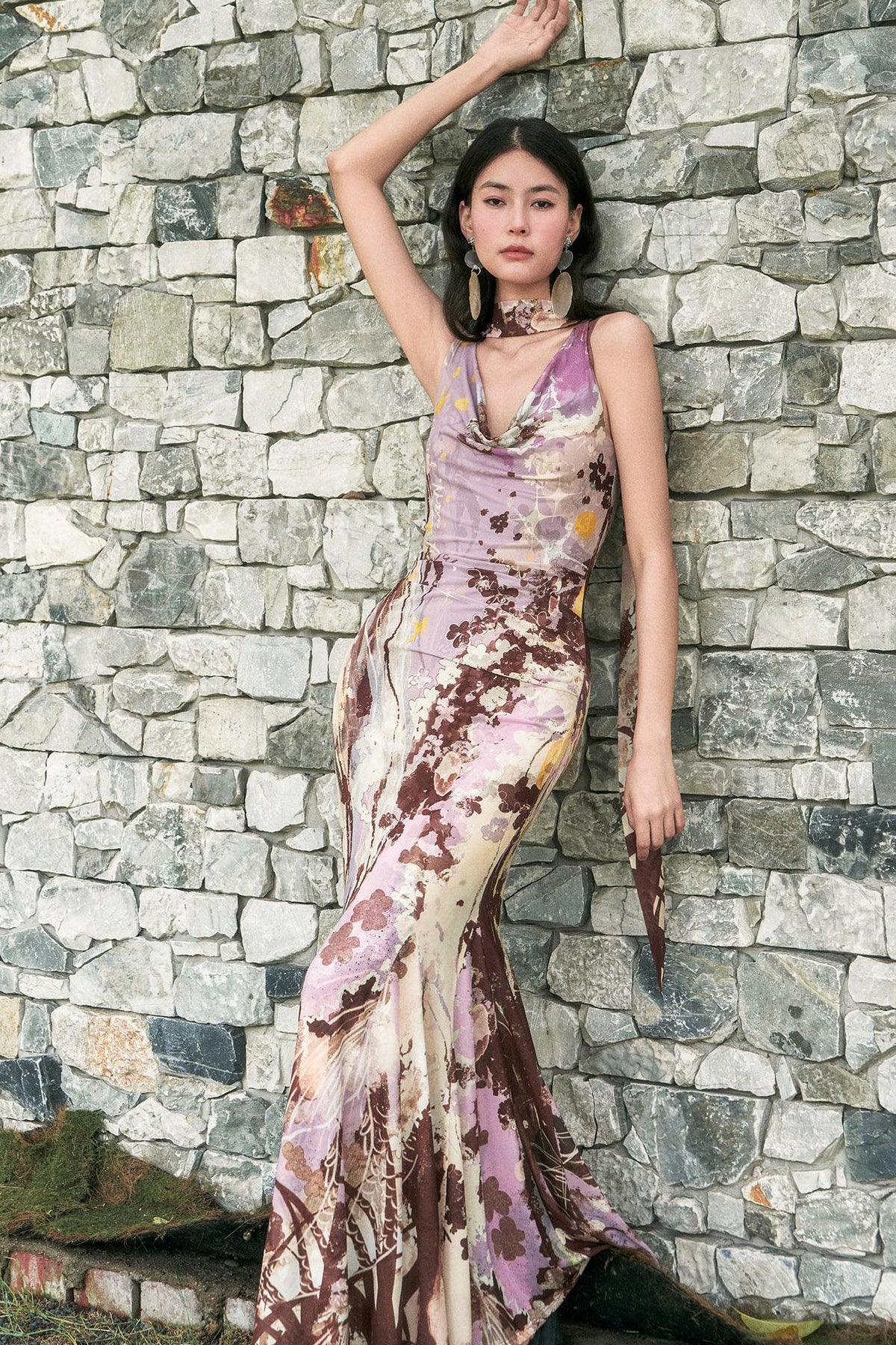 "Barcelona Nights" Printed Mesh Sling-Neck Mermaid Dress
