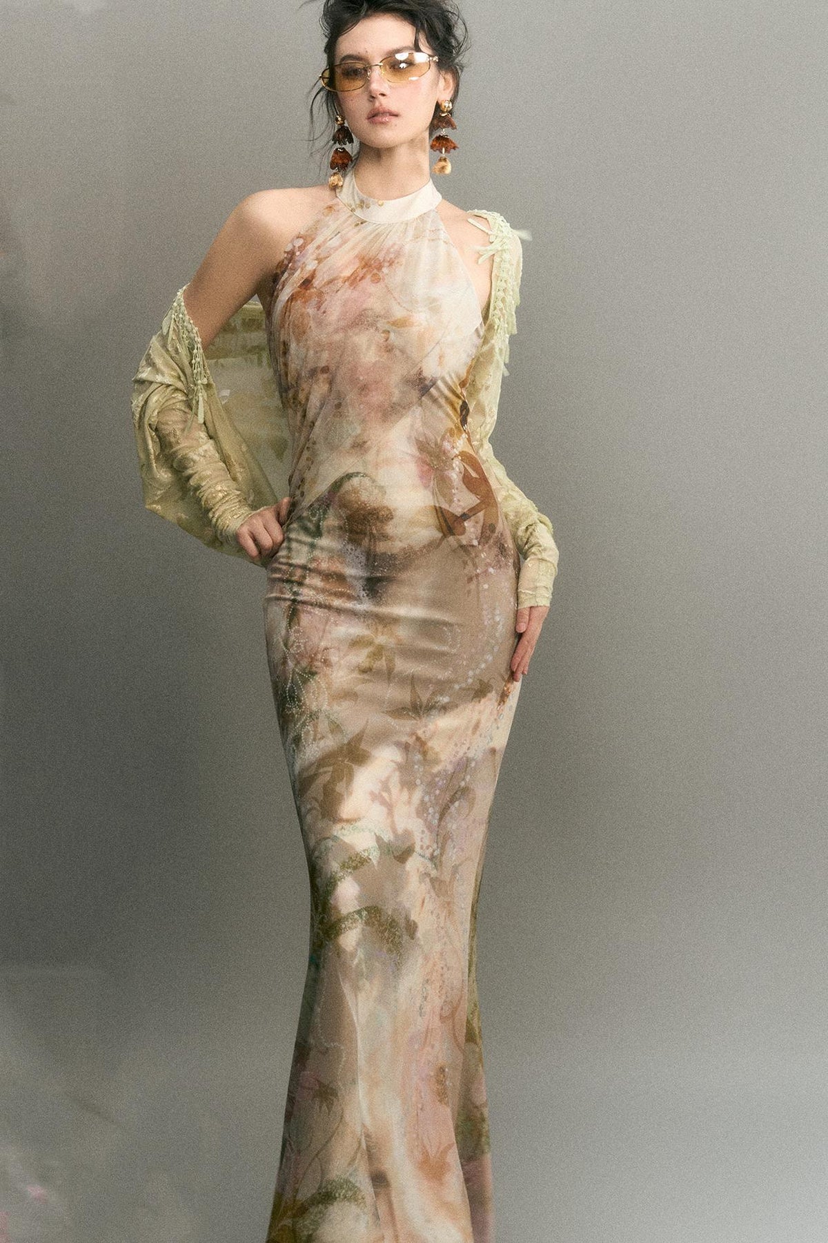 "Mist Color Ink" Chinese Halter Neck Mermaid Long Dress With Cardigan