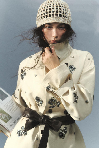 "Vintage Film" Beaded Embroidered Leather Patchwork Trench Coat