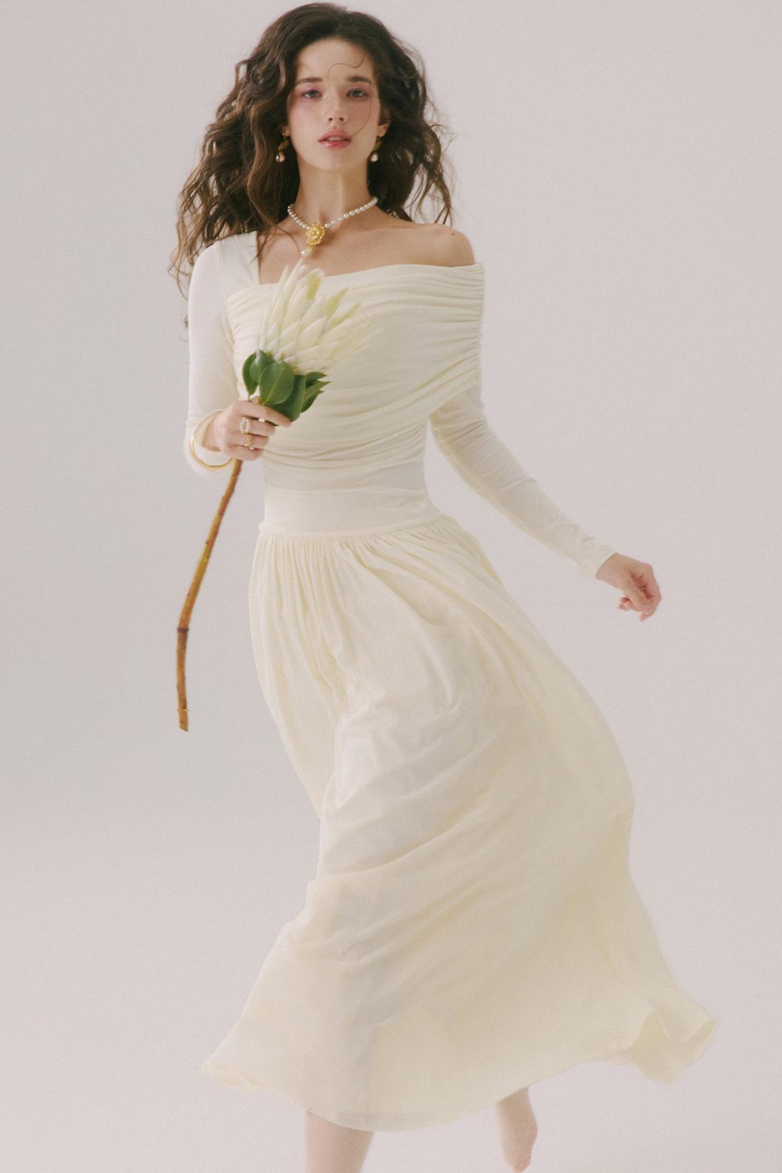 Flower Song Round Dance Lyocell Off-Shoulder Long Dress