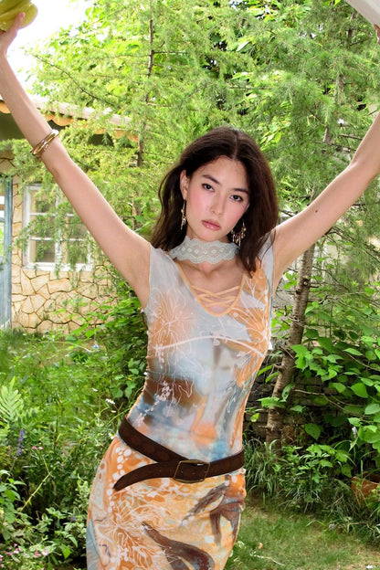 "Orange Tone" Oil Painting Print Mesh Top & Asymmetric Chiffon Skirt Two-Piece Set