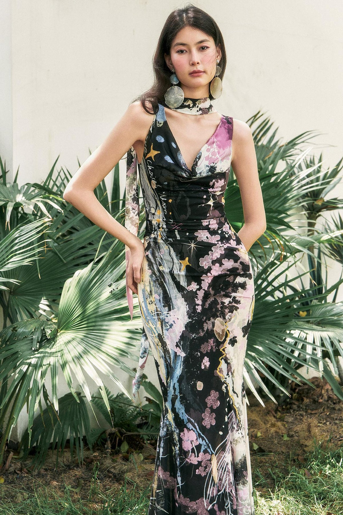 "Barcelona Nights" Printed Mesh Sling-Neck Mermaid Dress