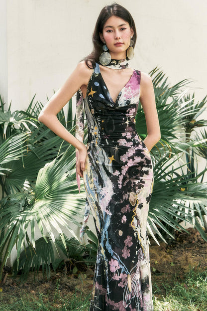 "Barcelona Nights" Printed Mesh Sling-Neck Mermaid Dress
