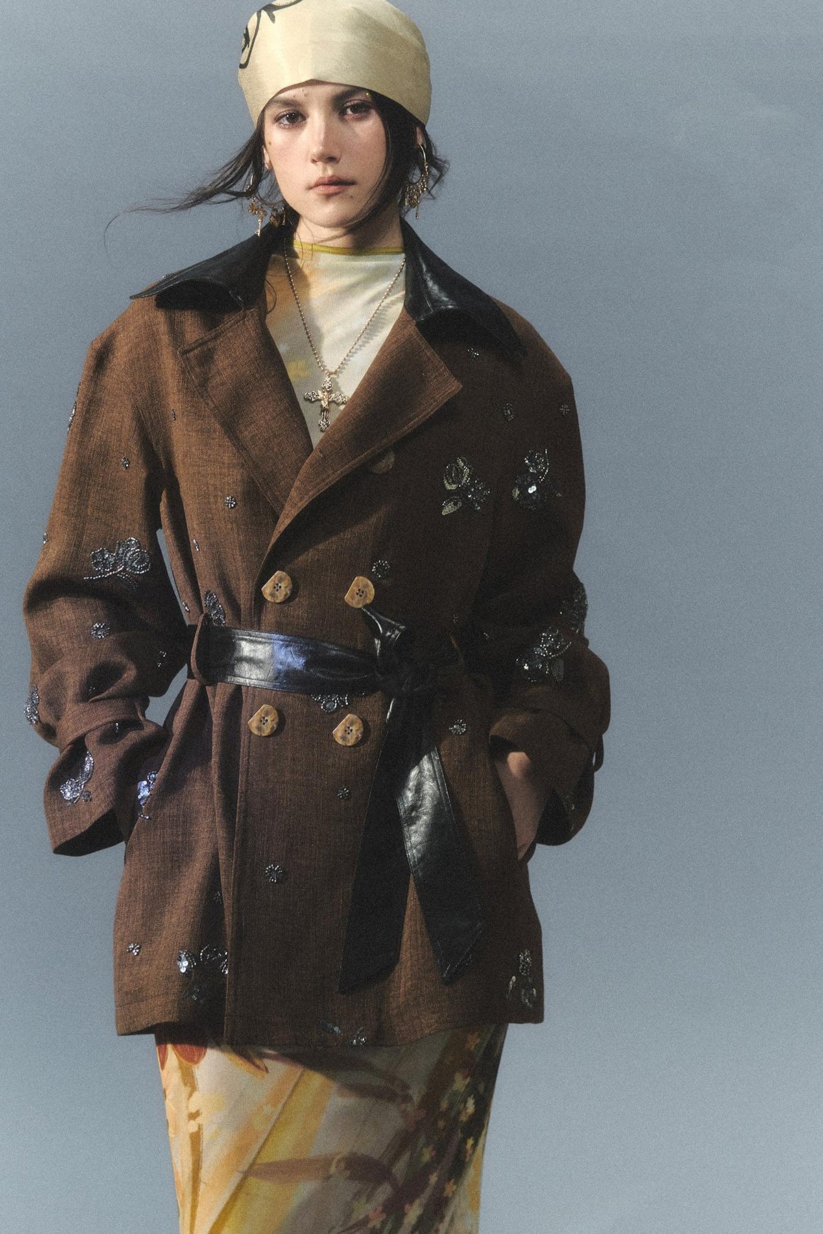 "Vintage Film" Beaded Embroidered Leather Patchwork Trench Coat
