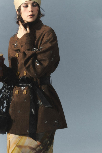 "Vintage Film" Beaded Embroidered Leather Patchwork Trench Coat