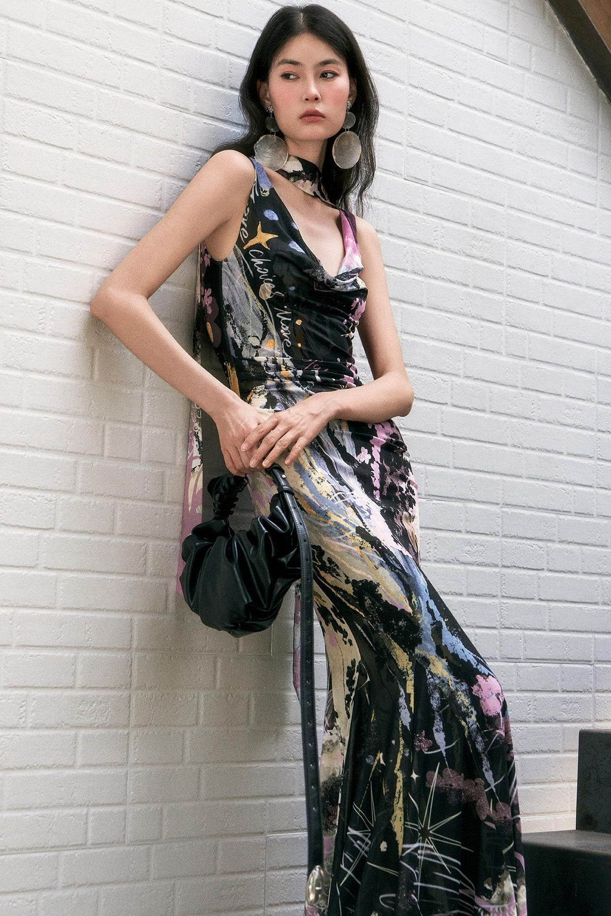 "Barcelona Nights" Printed Mesh Sling-Neck Mermaid Dress