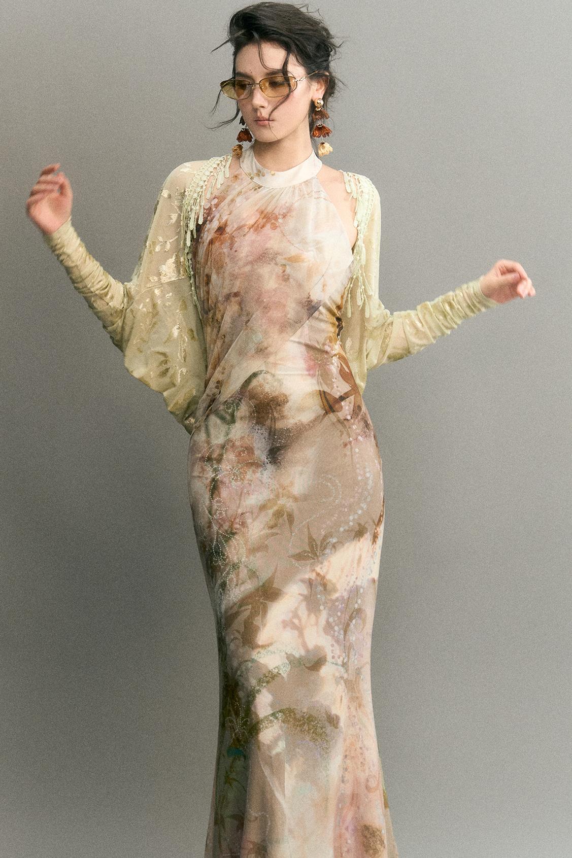 "Mist Color Ink" Chinese Halter Neck Mermaid Long Dress With Cardigan