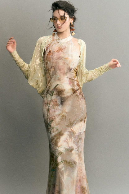 "Mist Color Ink" Chinese Halter Neck Mermaid Long Dress With Cardigan