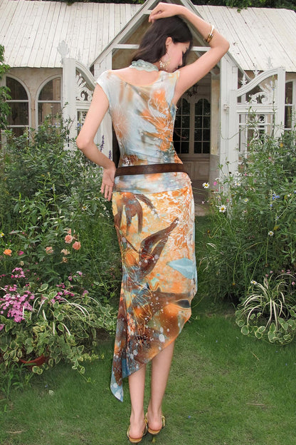 "Orange Tone" Oil Painting Print Mesh Top & Asymmetric Chiffon Skirt Two-Piece Set