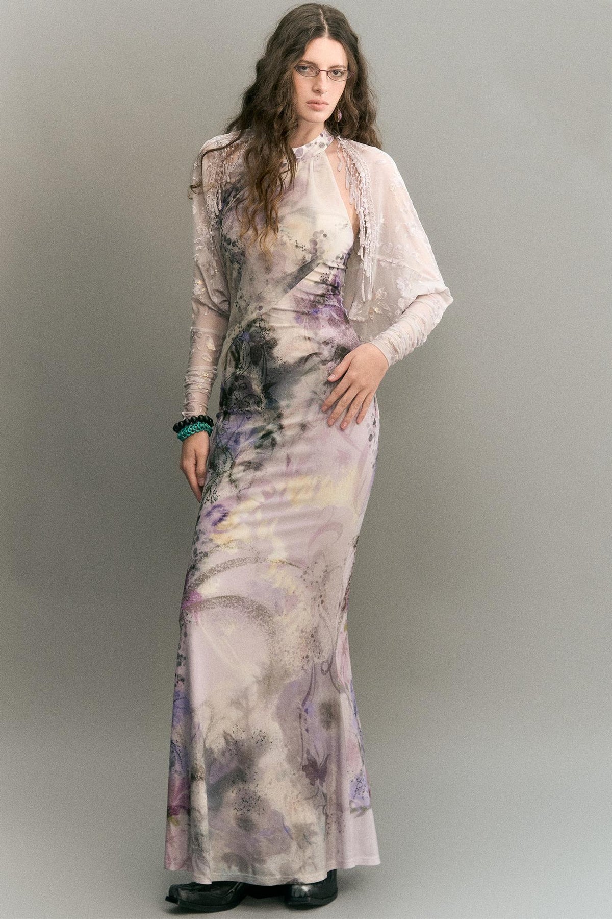 "Mist Color Ink" Chinese Halter Neck Mermaid Long Dress With Cardigan