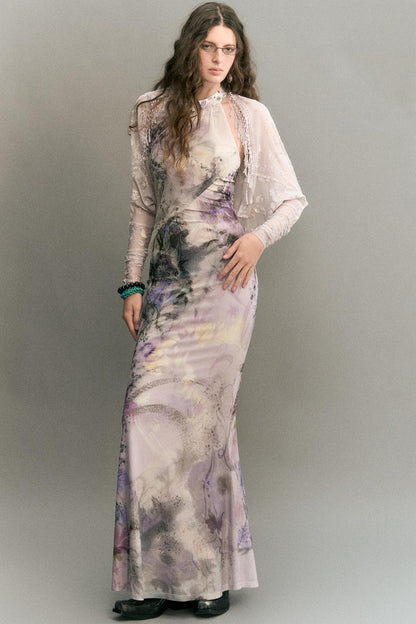 "Mist Color Ink" Chinese Halter Neck Mermaid Long Dress With Cardigan