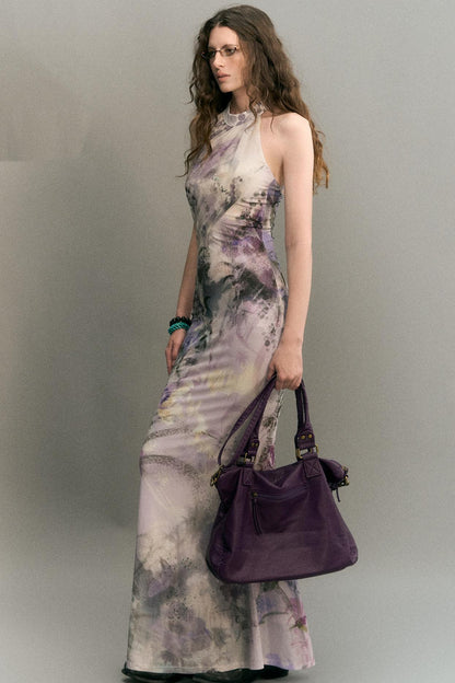 "Mist Color Ink" Chinese Halter Neck Mermaid Long Dress With Cardigan