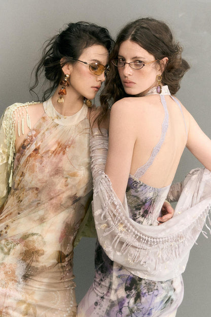 "Mist Color Ink" Chinese Halter Neck Mermaid Long Dress With Cardigan